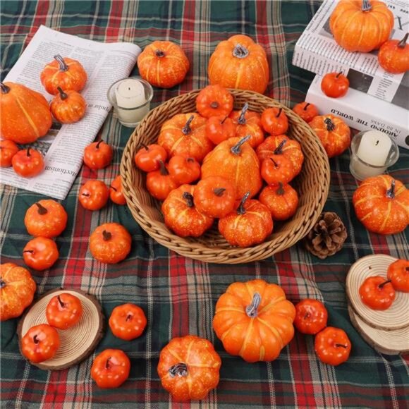 46 Pcs Assorted Size Artificial Pumpkins Fall Decorations, Orange Foam Pumpkin - Picture 7 of 8